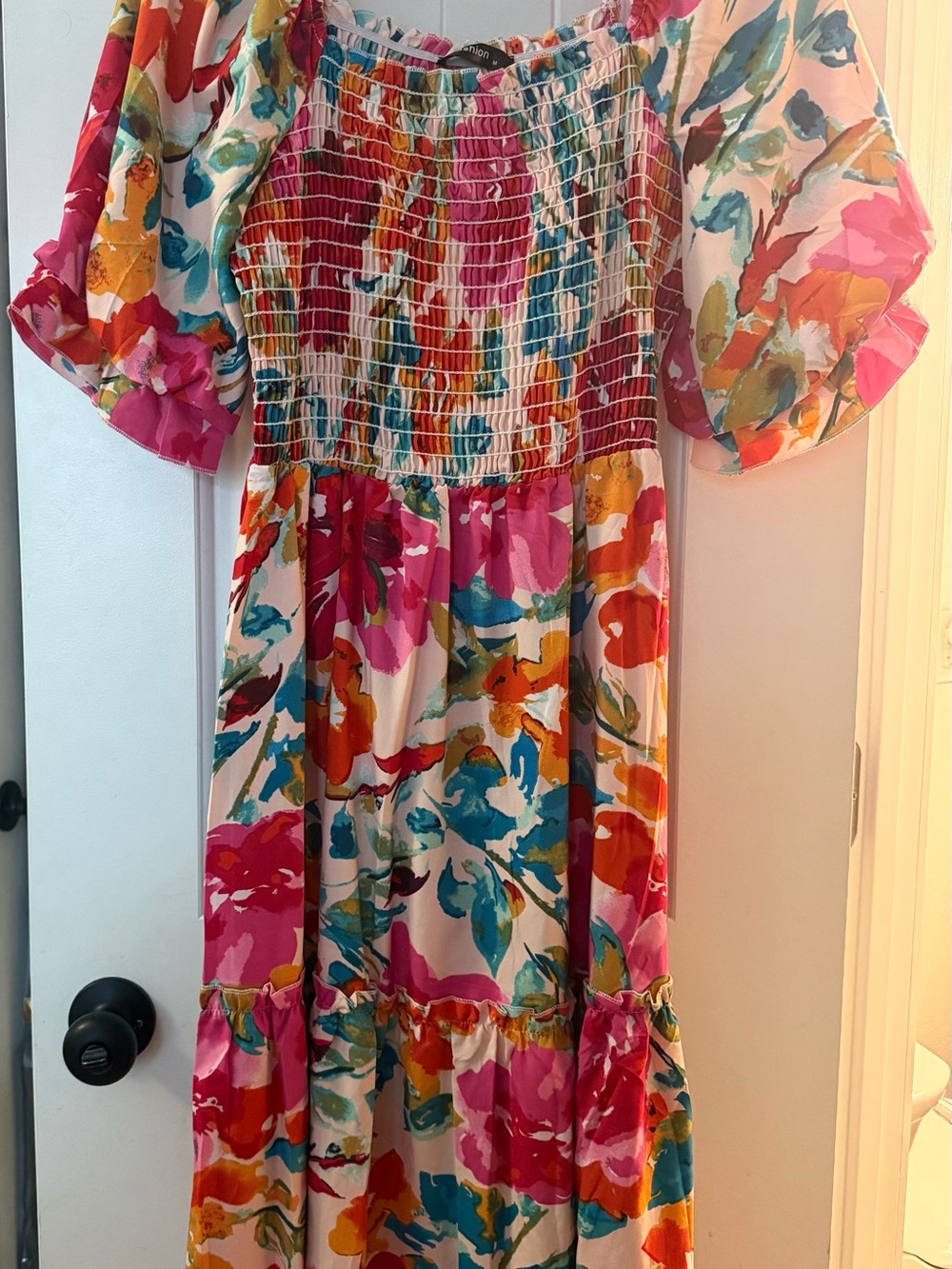 Floral Smocked Midi Dress with Puff Sleeves - Pink Multi